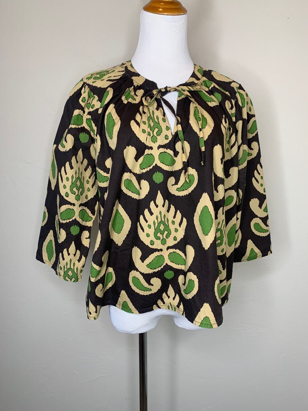 Calypso St Barth Brown Green Tan Cotton Boho Blouse Sz Medium